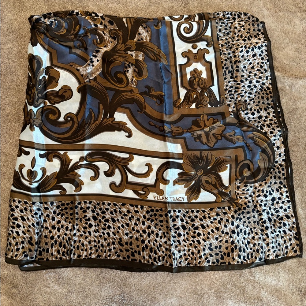 Ellen Tracy 100% Silk  Blue and Brown Ornate Scarf